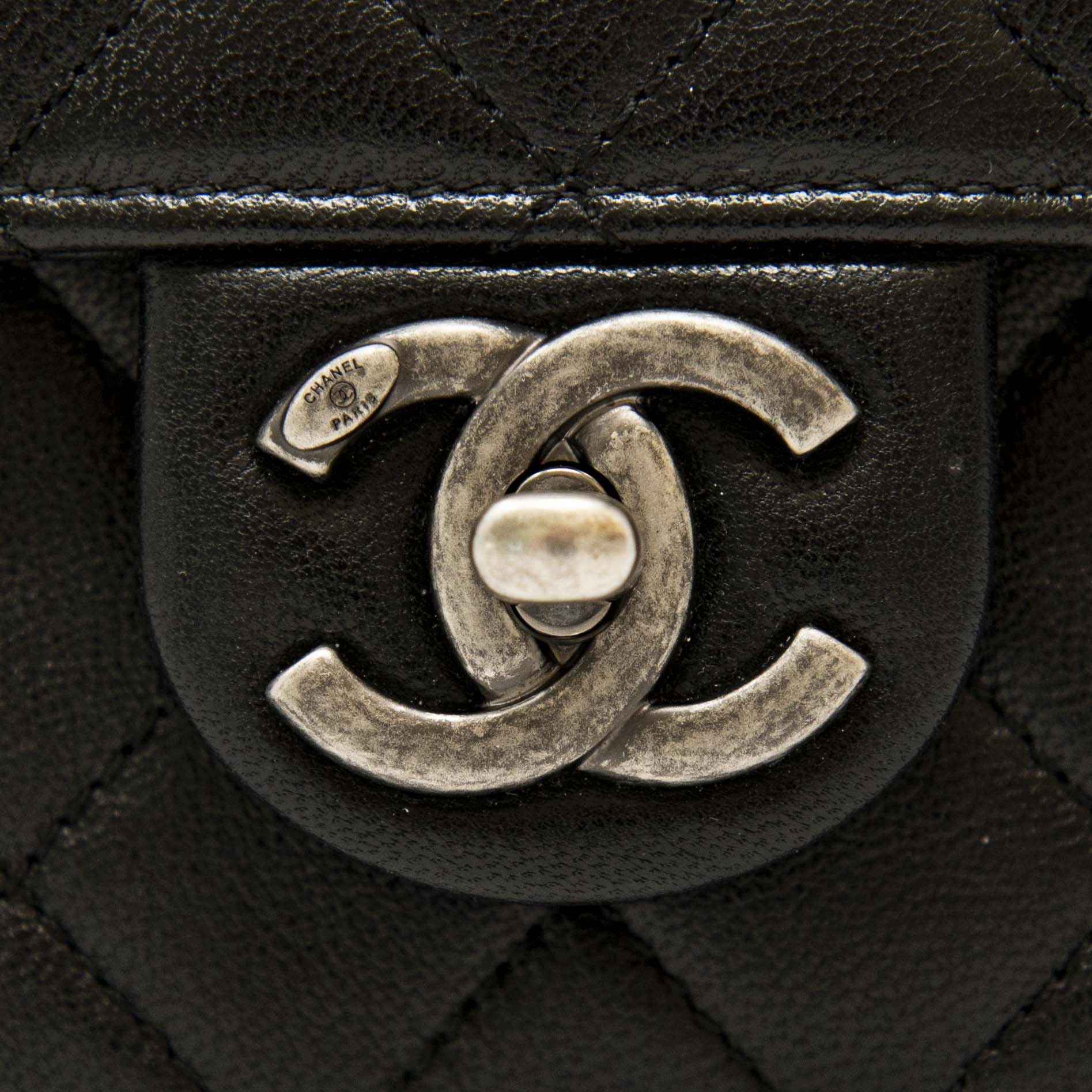 Chanel Black Lambskin Logo Pearl Flap