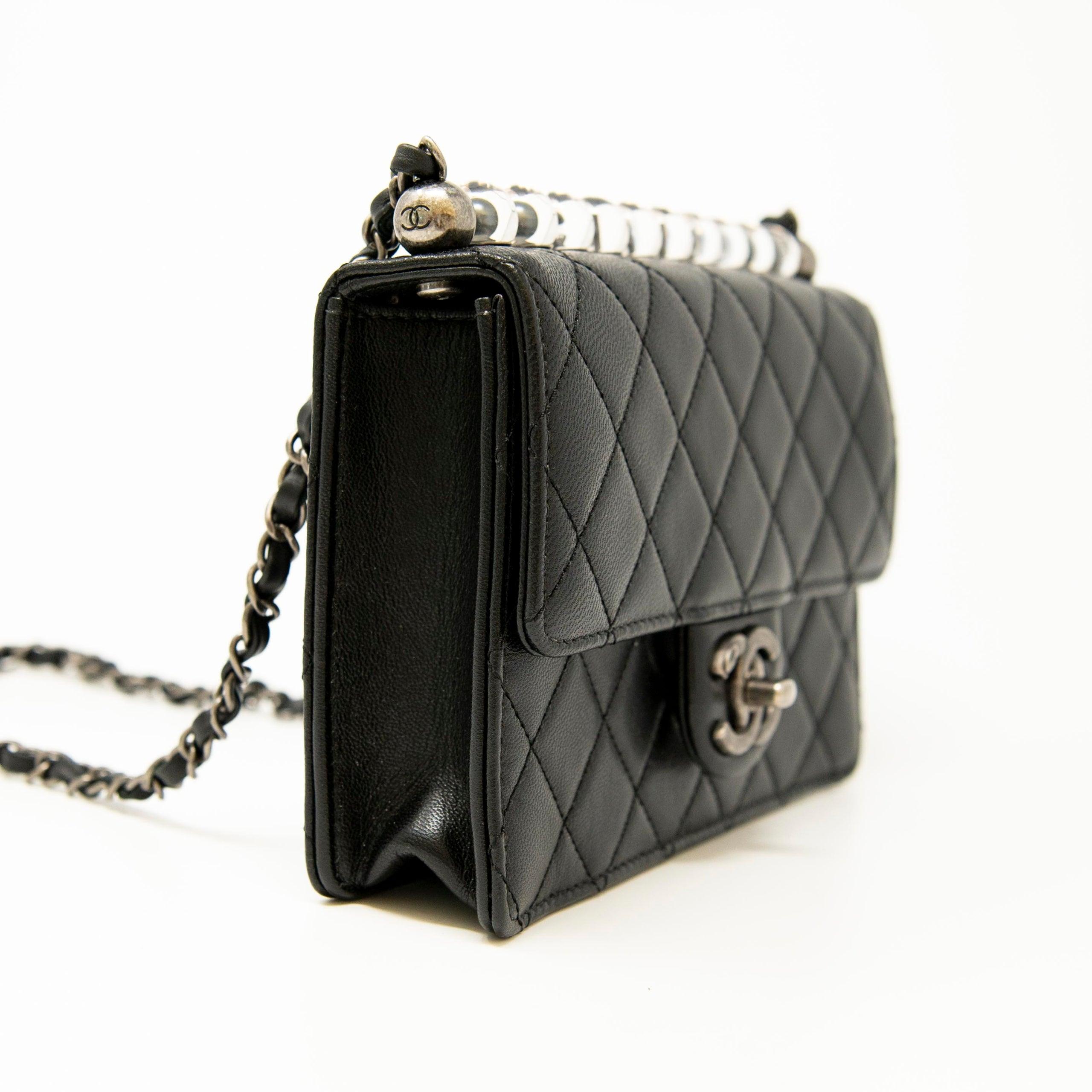 Chanel Black Lambskin Logo Pearl Flap