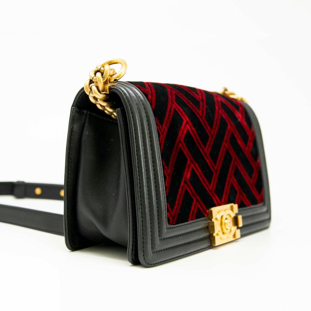 Chanel Red/Black Velvet Medium Boy Bag