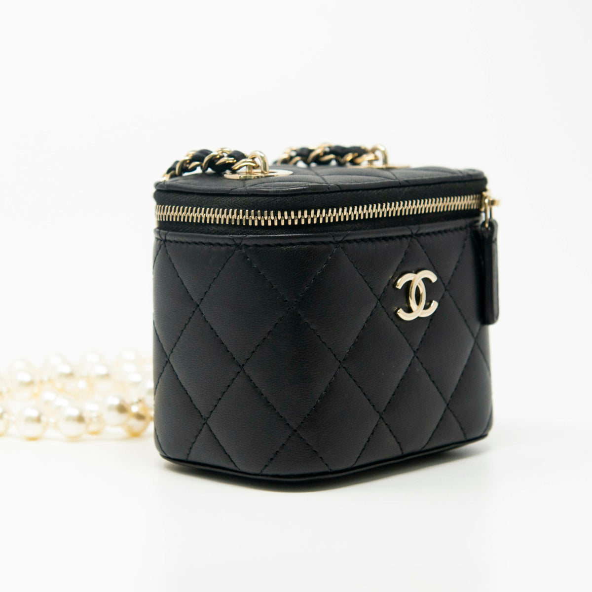 Chanel Black Lambskin Pearl Mini Vanity Case