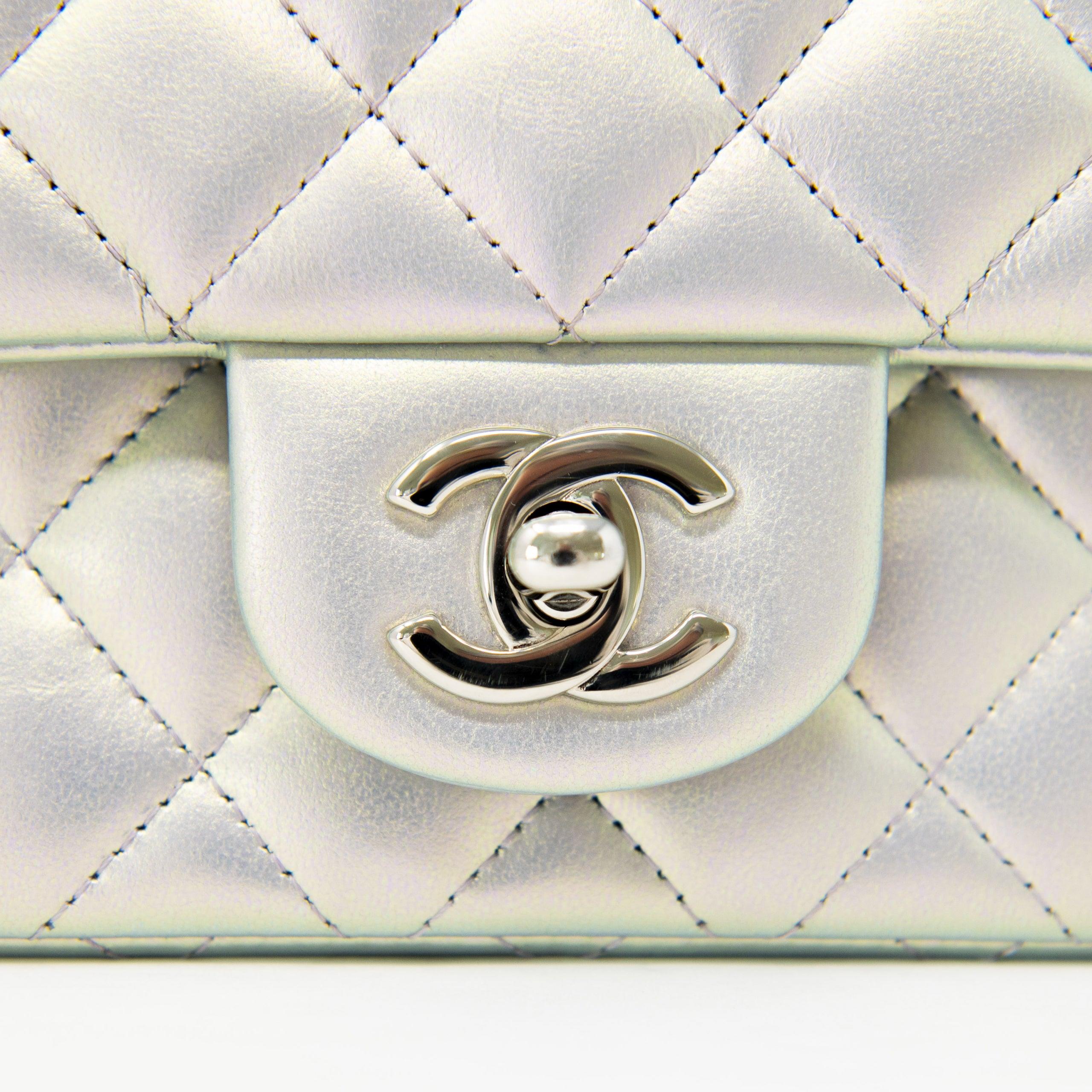 Chanel Silver Iridescent Lambskin Mini Square Flap