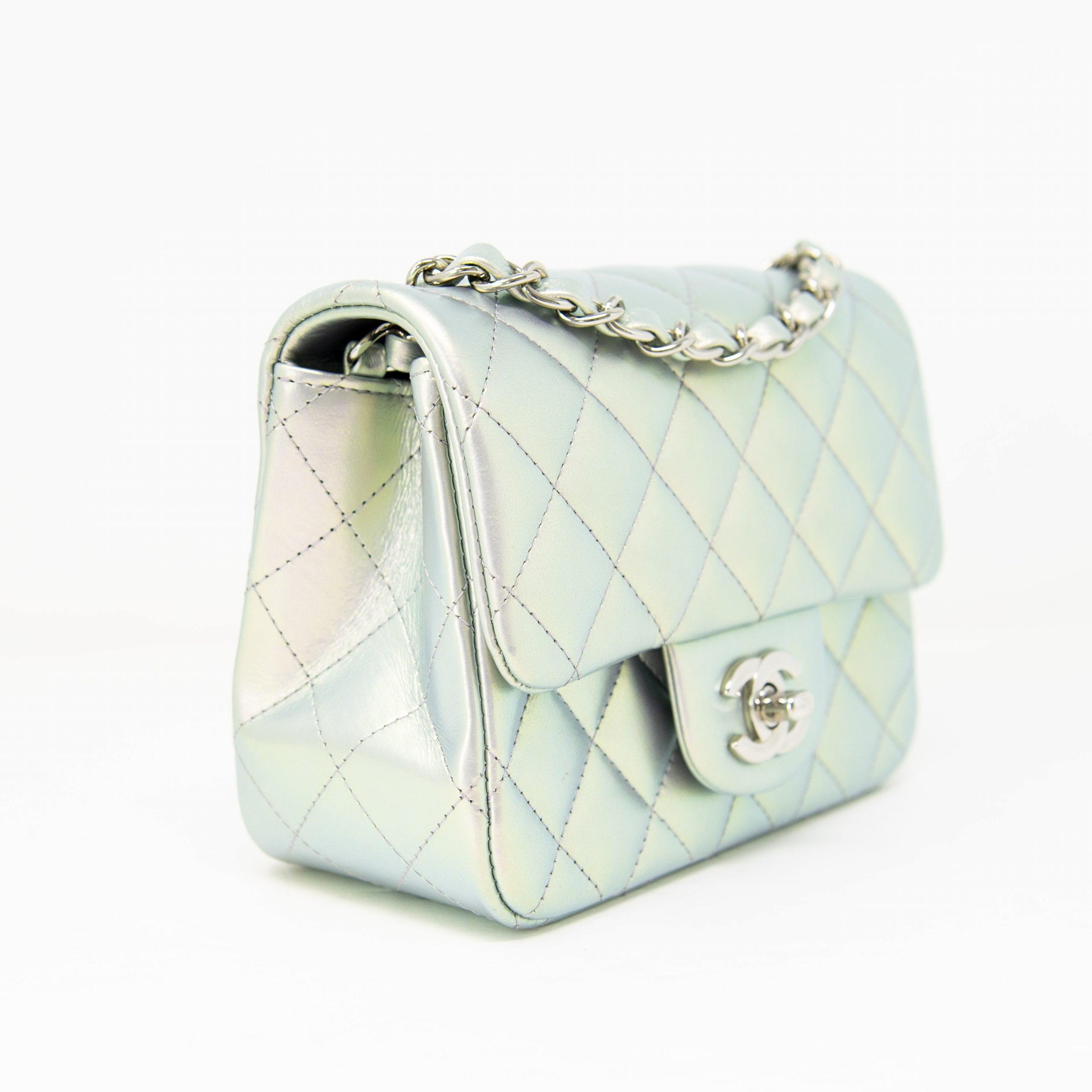 Chanel Silver Iridescent Lambskin Mini Square Flap