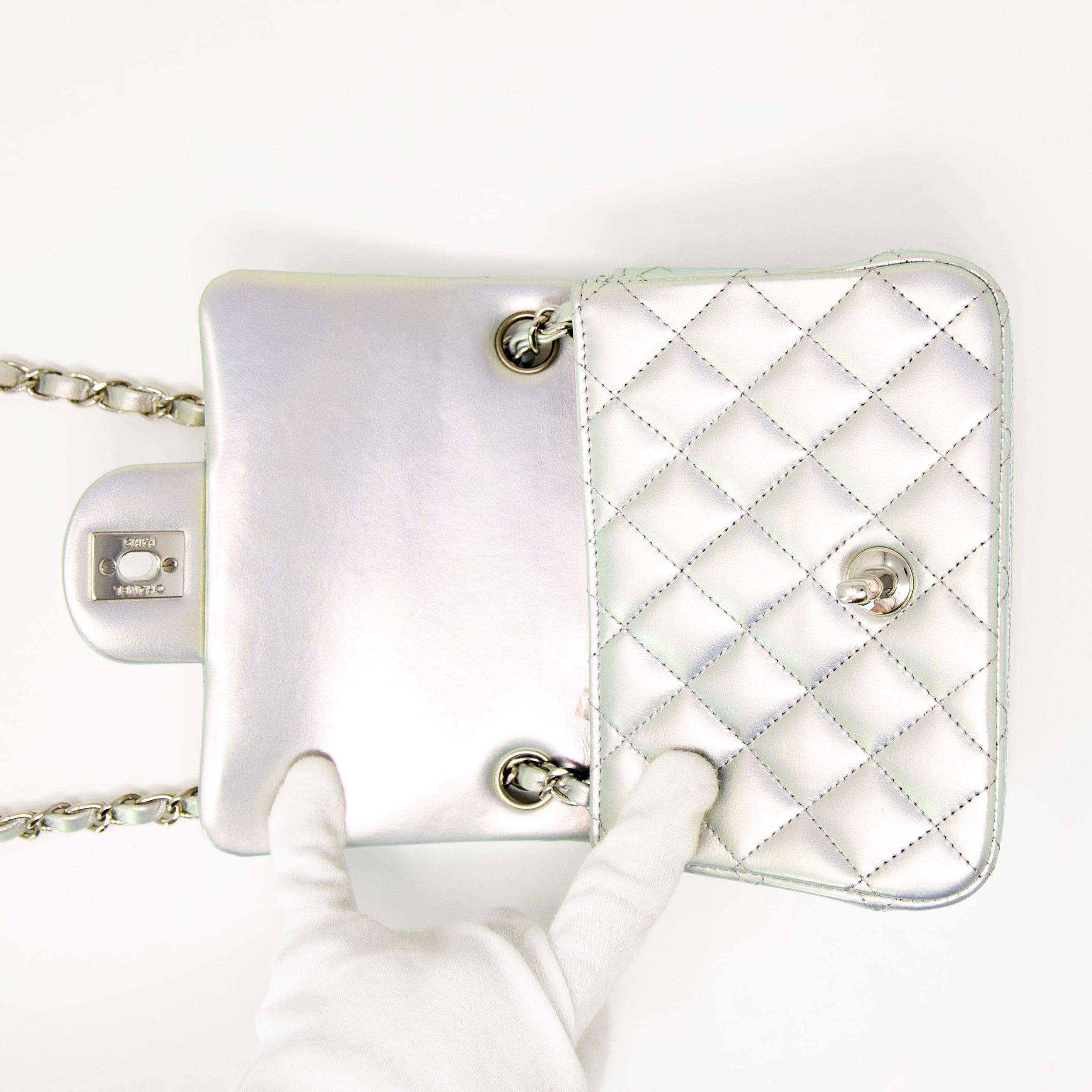 Chanel Silver Iridescent Lambskin Mini Square Flap