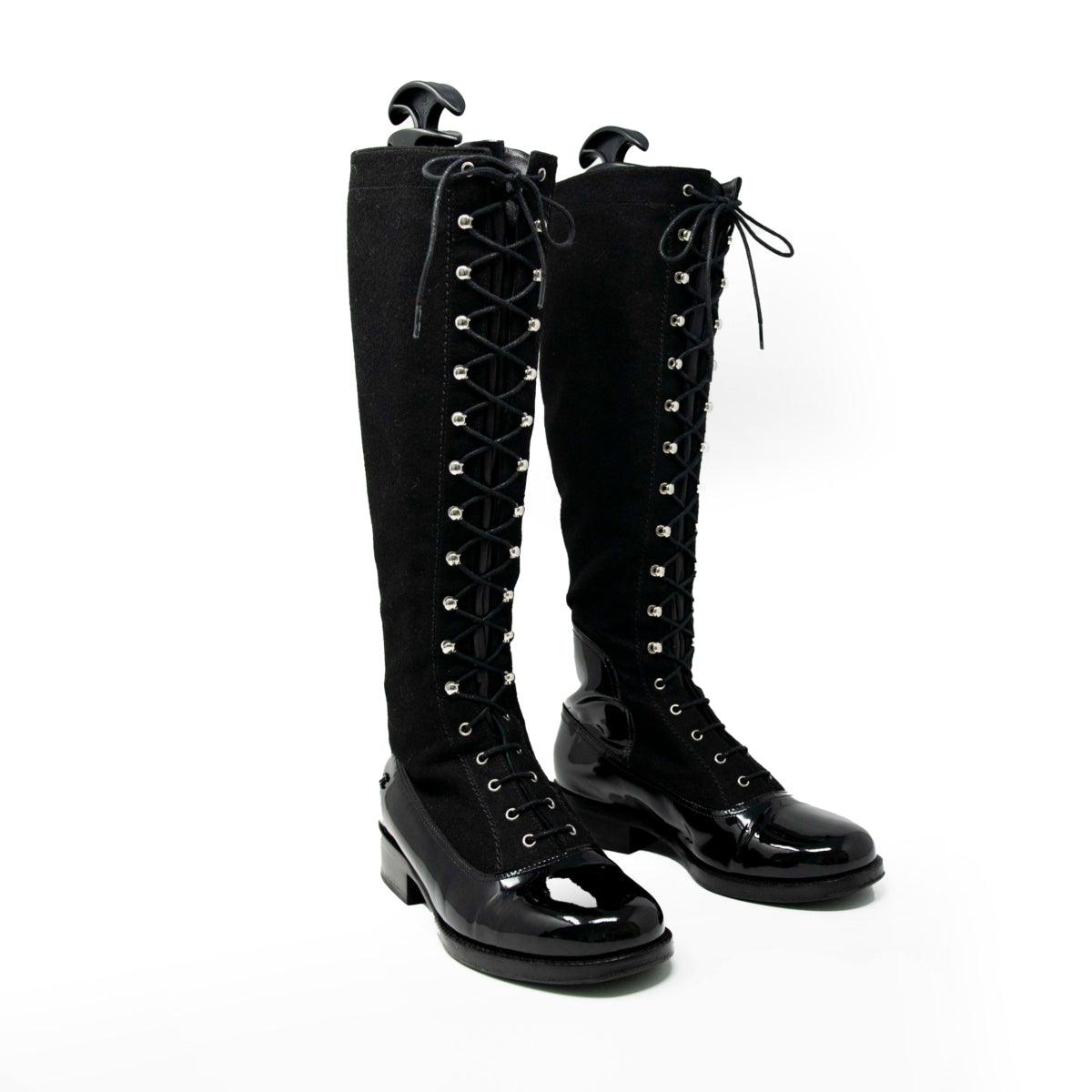 Chanel Black Lace-Up Knee Boots 37