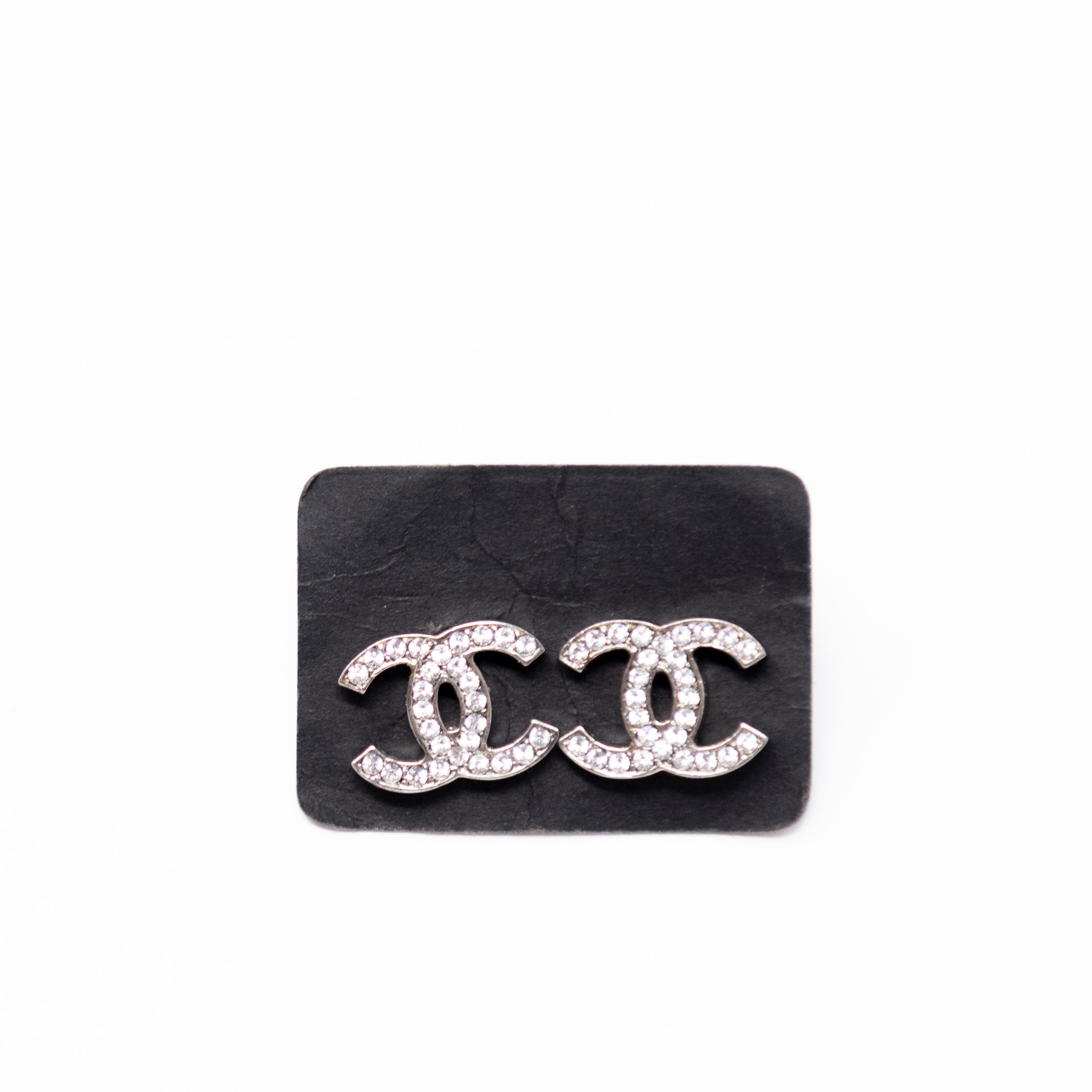 Chanel Silver Crystal CC Stud Earrings