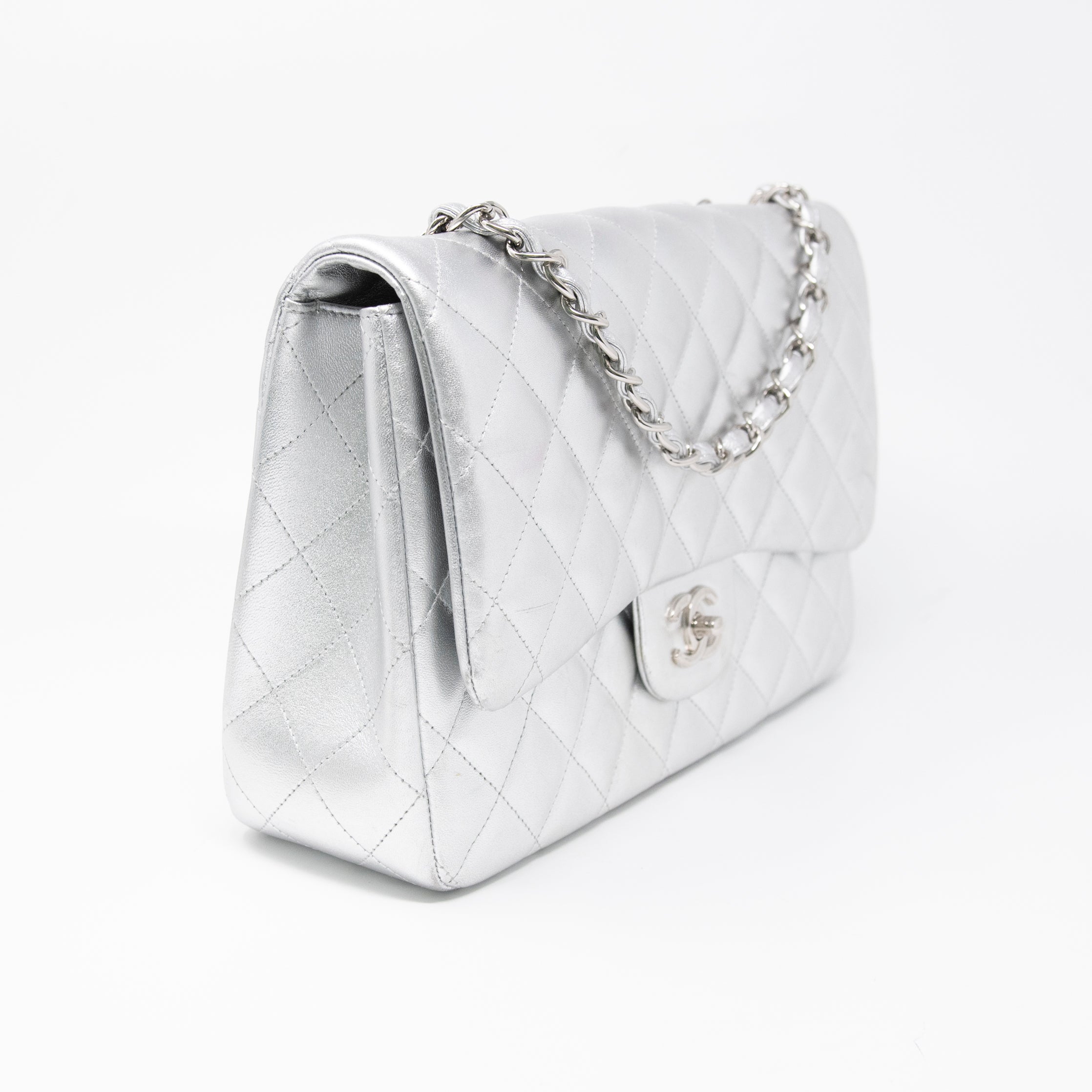 Chanel Metallic Silver Jumbo Flap