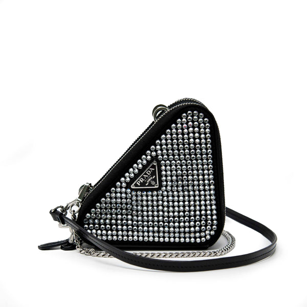 PRADA＊Triangular embellished クリスタル ミニポーチ＊送料込 Prada Black Mini Crystal Triangle Bag | Jadore Couture