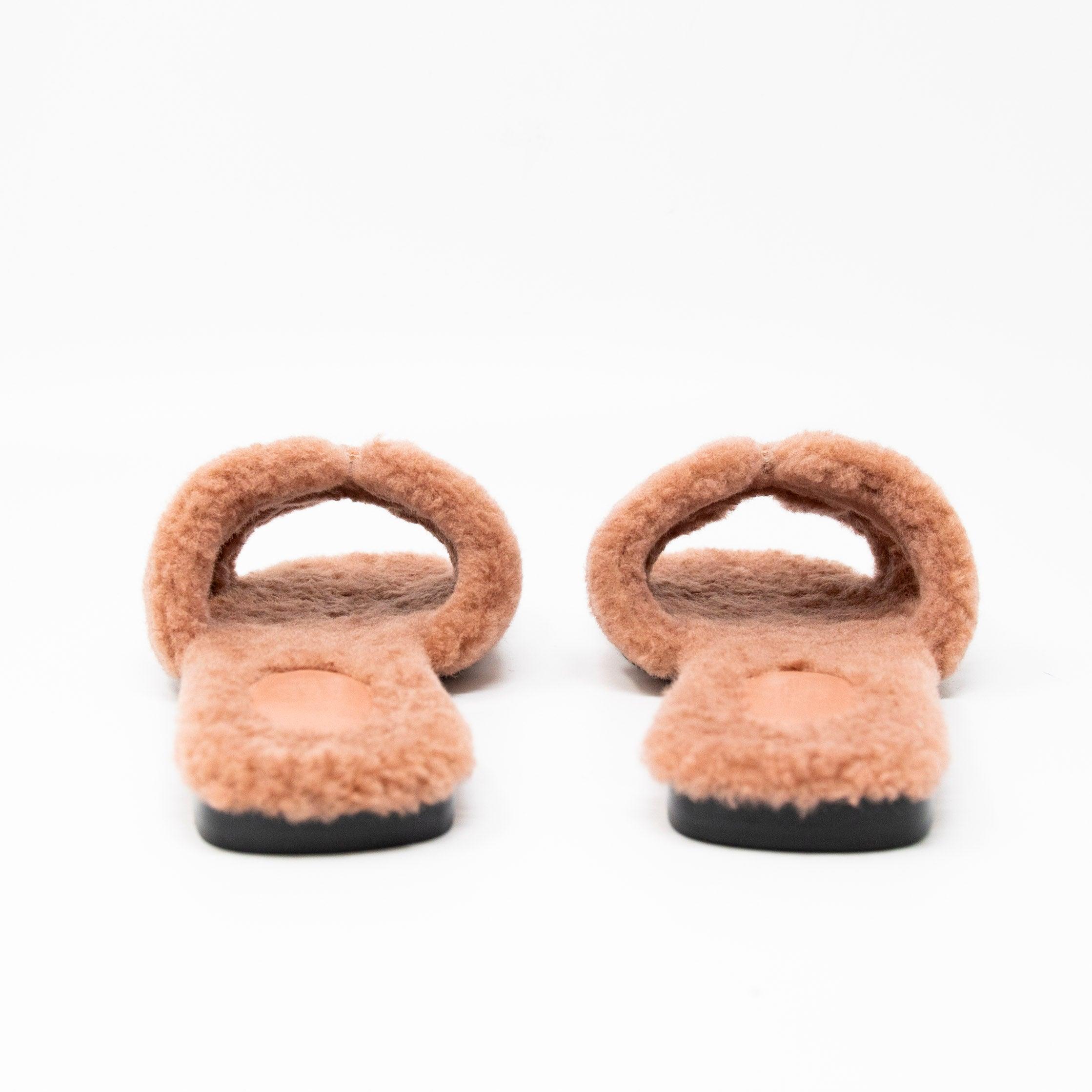 Hermes Rose Aube Shearling Oran Sandals 37