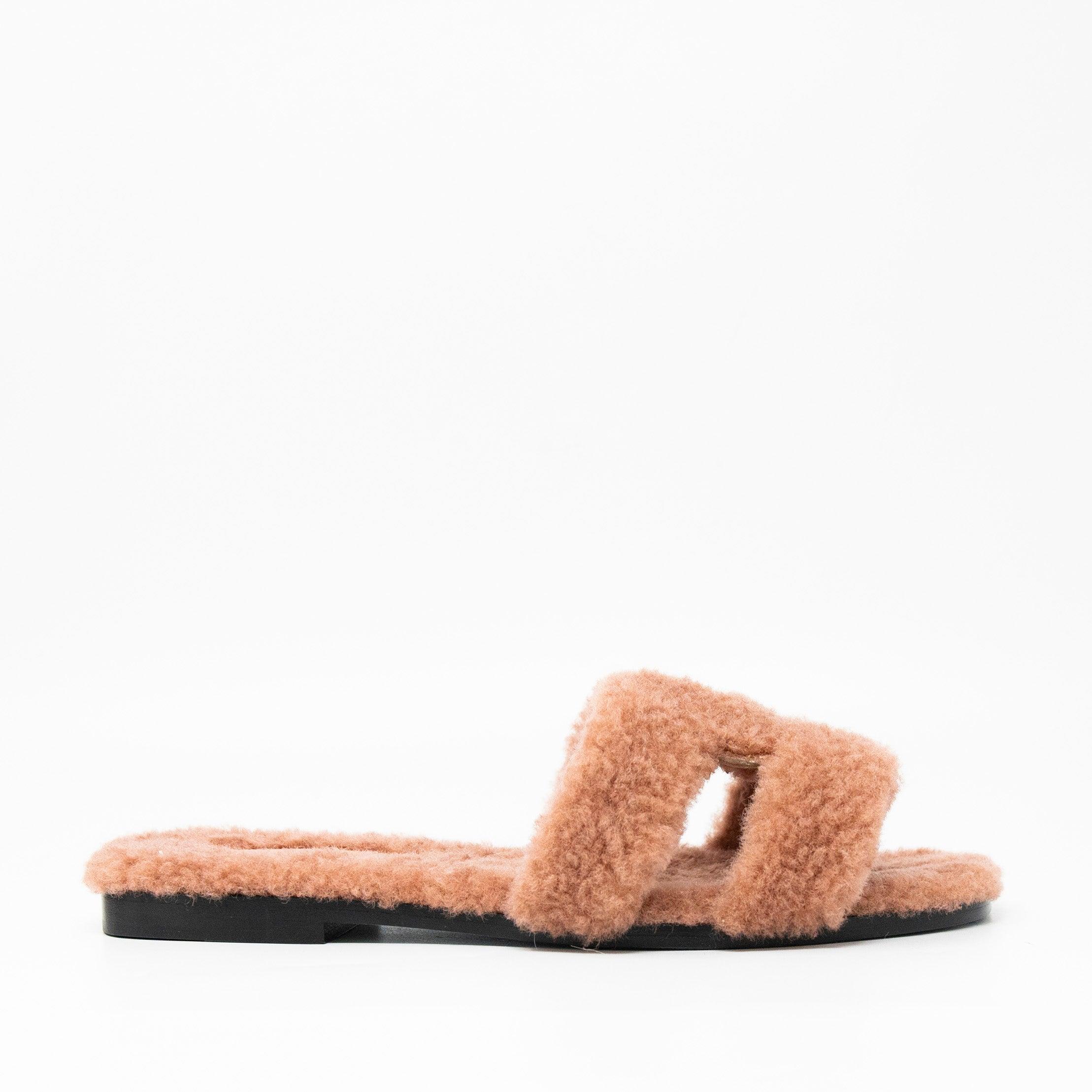 Hermes Rose Aube Shearling Oran Sandals 37