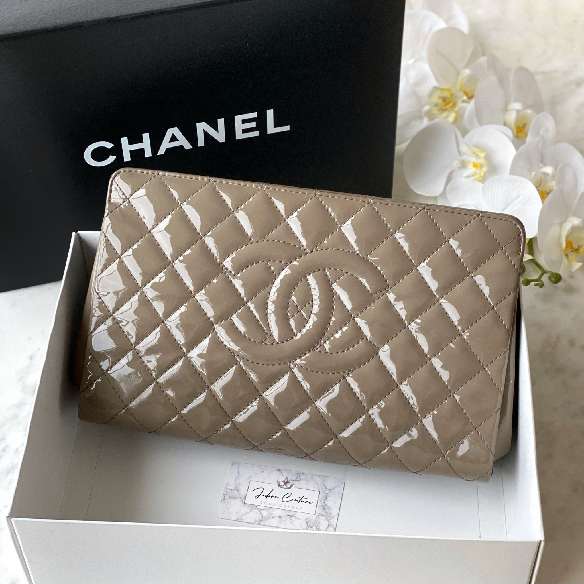 Chanel Taupe Patent Timeless Large Clutch