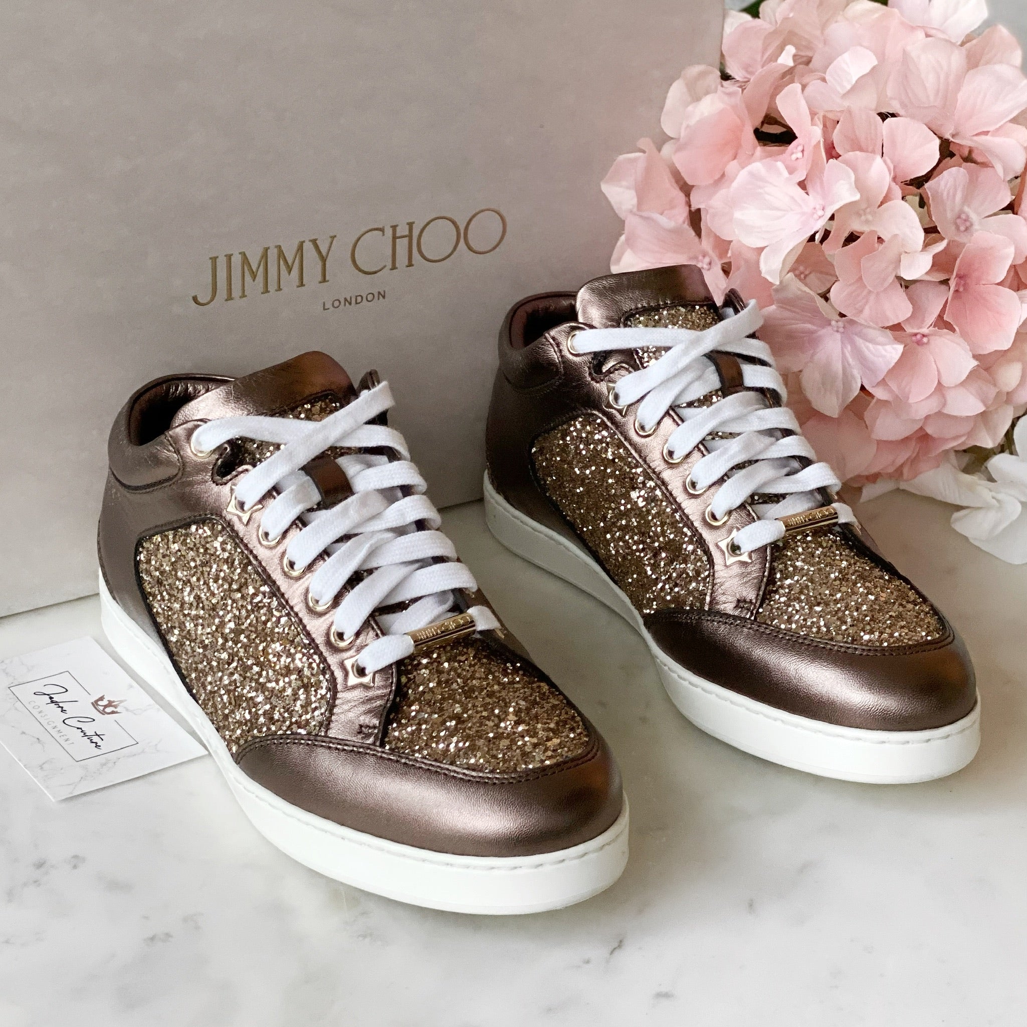 Jimmy Choo Antique Gold Glitter Miami Sneakers 37