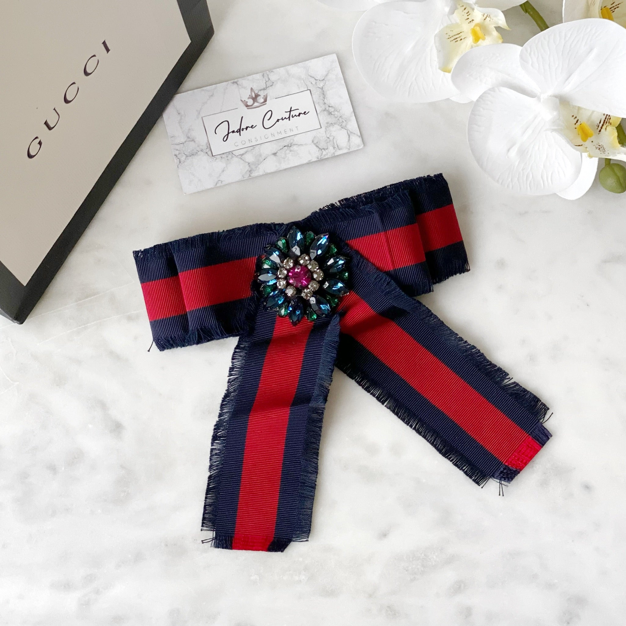 Gucci Blue & Red Grosgrain Crystals Bow Brooch