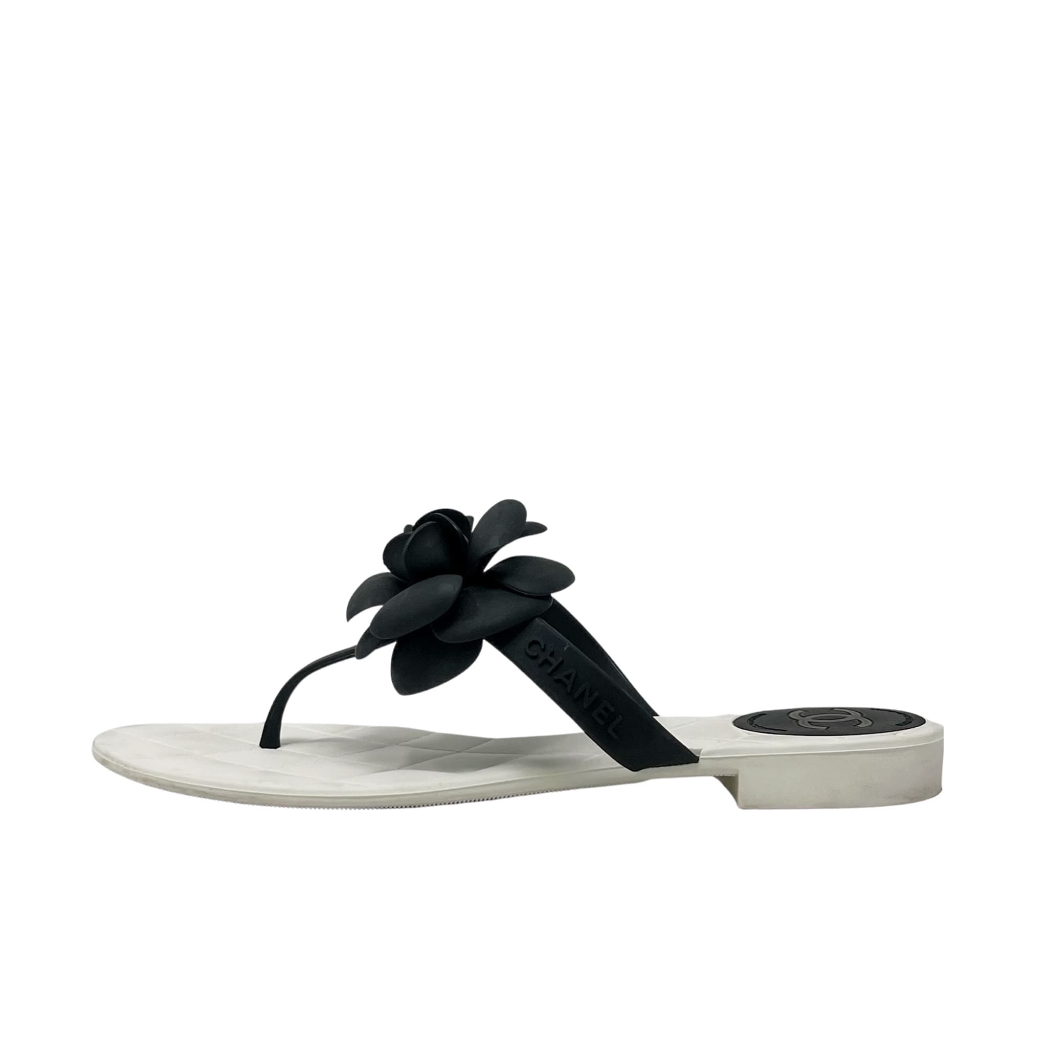 Chanel Black Camellia Rubber Sandals 38
