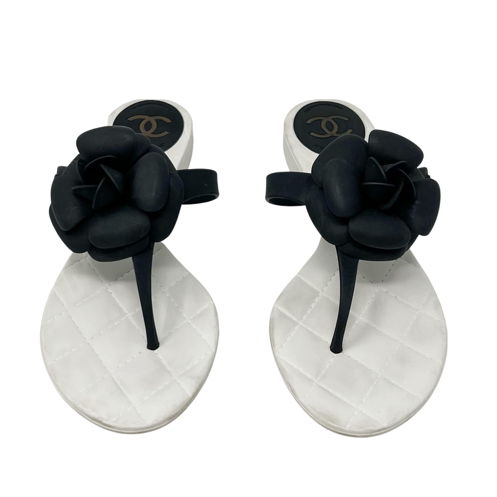 Chanel Black Camellia Rubber Sandals 38