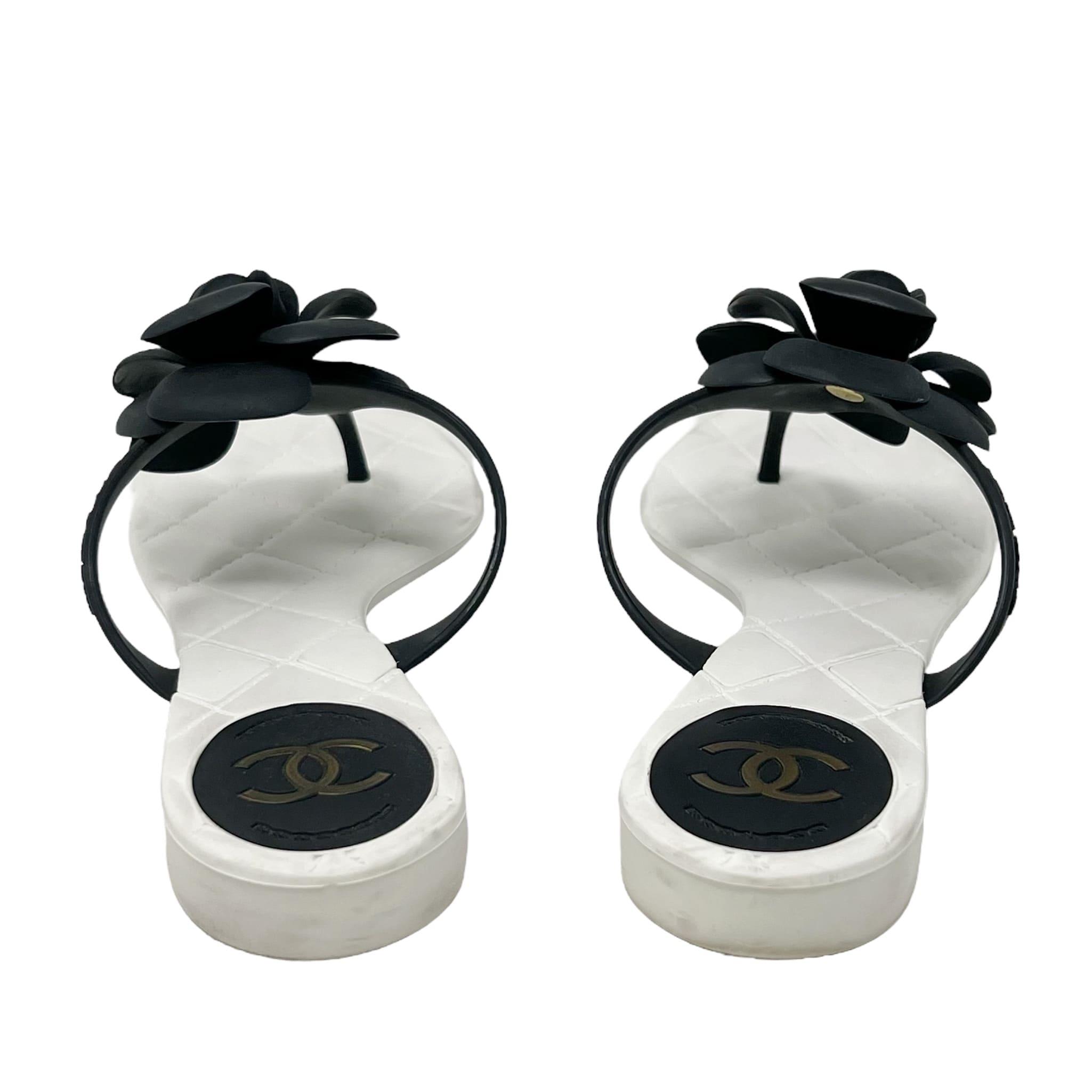 Chanel Black Camellia Rubber Sandals 38