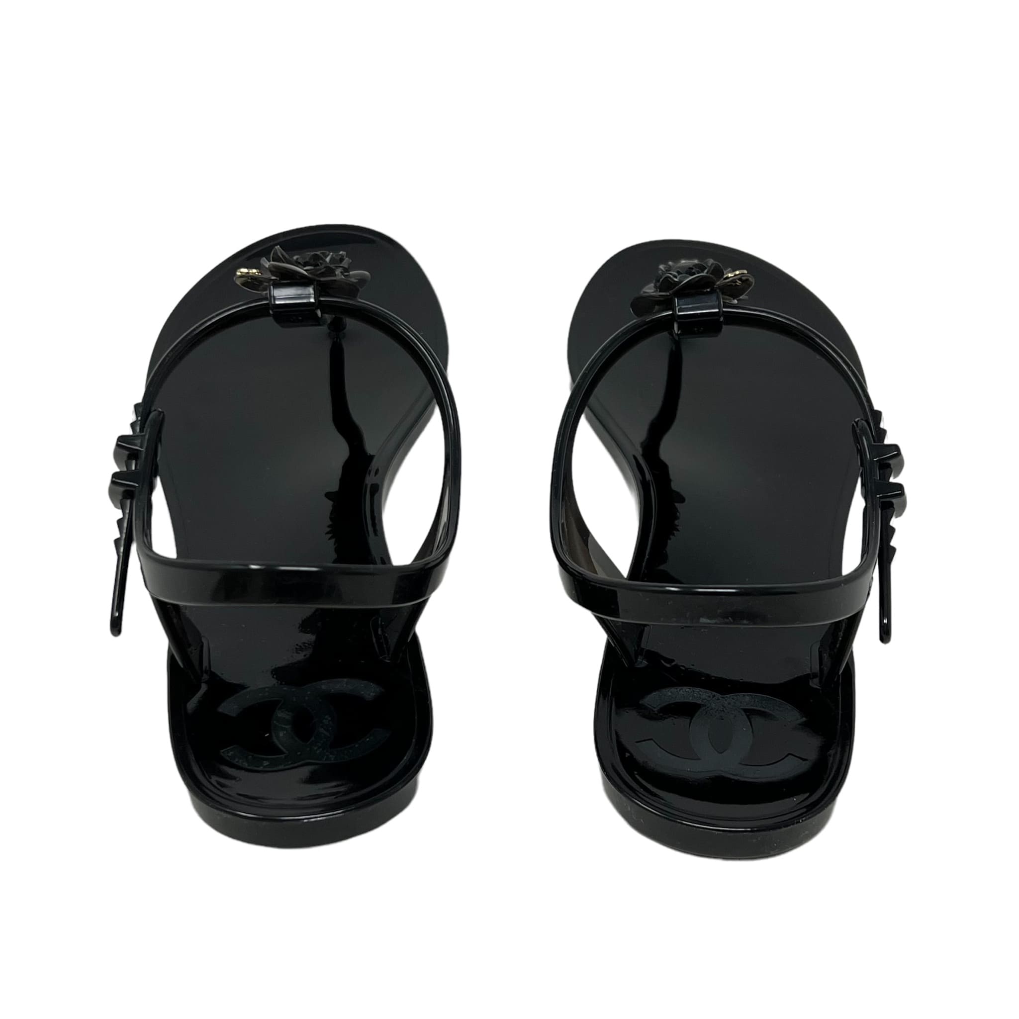 Chanel Black Camellia Rubber Sandals 39